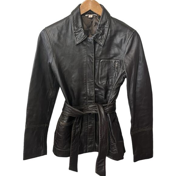 VTG 90s New Frontier Y2K Womens Brown Leather Belted Zip Jacket Coat Dressy 6 - Picture 1 of 9